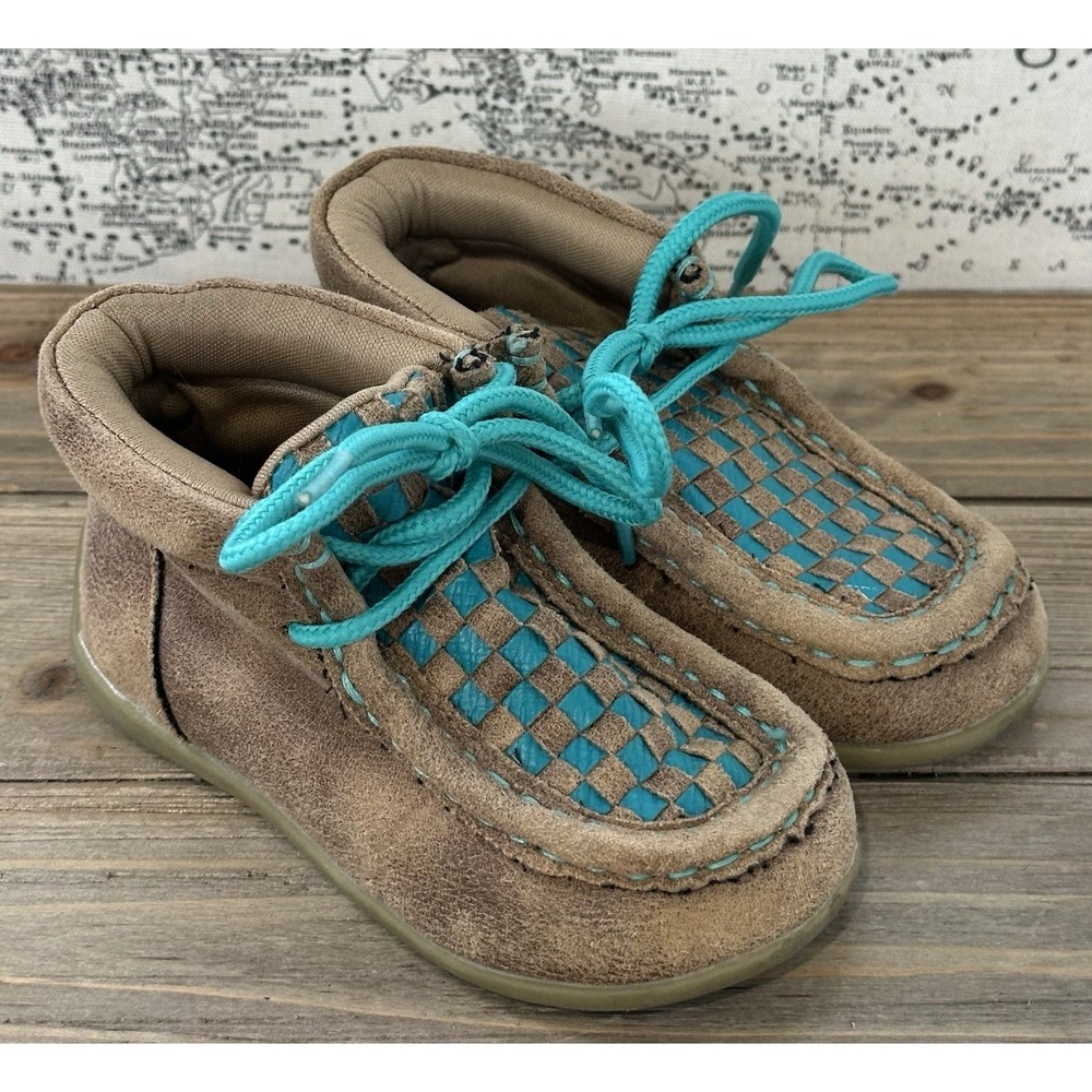 TWISTER Chukka Boots Baby Toddler Sz 5 Basketweave Shoes Camel/Turquoise Boys